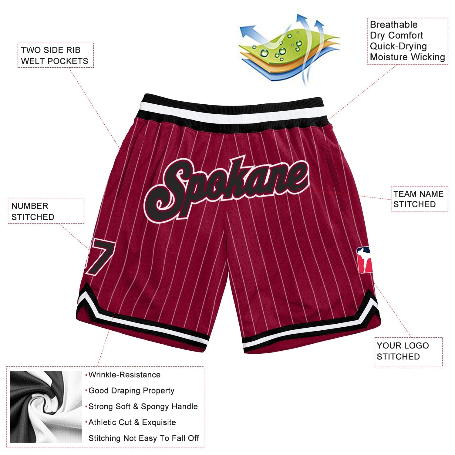 Custom Maroon White Pinstripe Black-White Authentic Basketball Shorts view 2