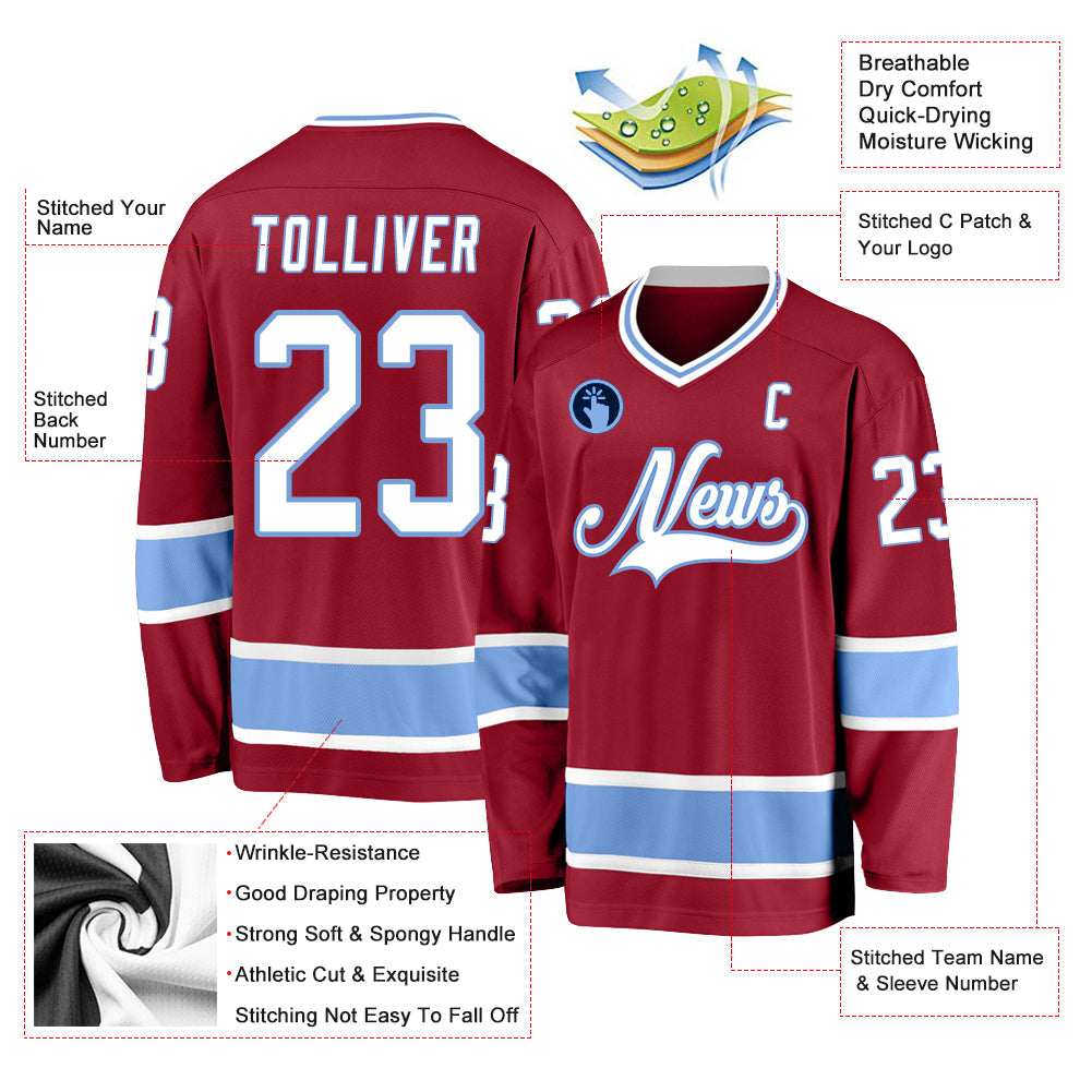 Custom Maroon White-Light Blue Hockey Jersey view 2