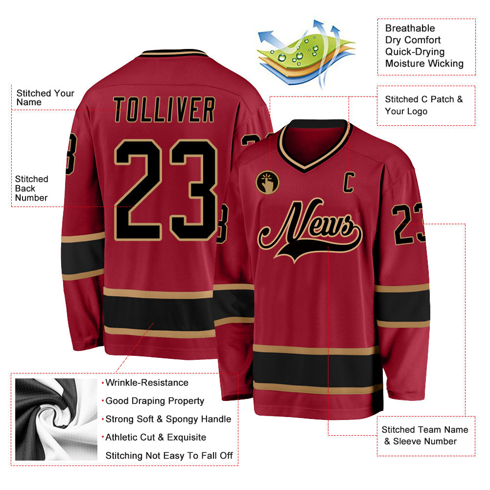 Custom Maroon Black-Old Gold Hockey Jersey view 2