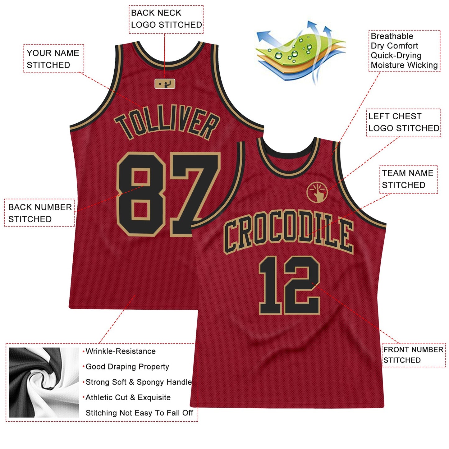 Custom Maroon Black-Old Gold Authentic Throwback Basketball Jersey view 2