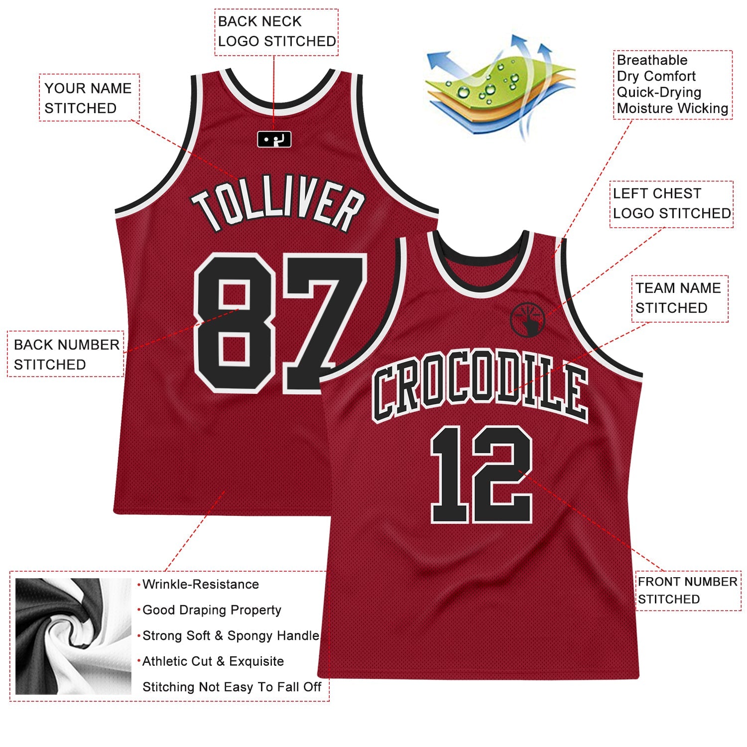 Custom Maroon Black-White Authentic Throwback Basketball Jersey view 2