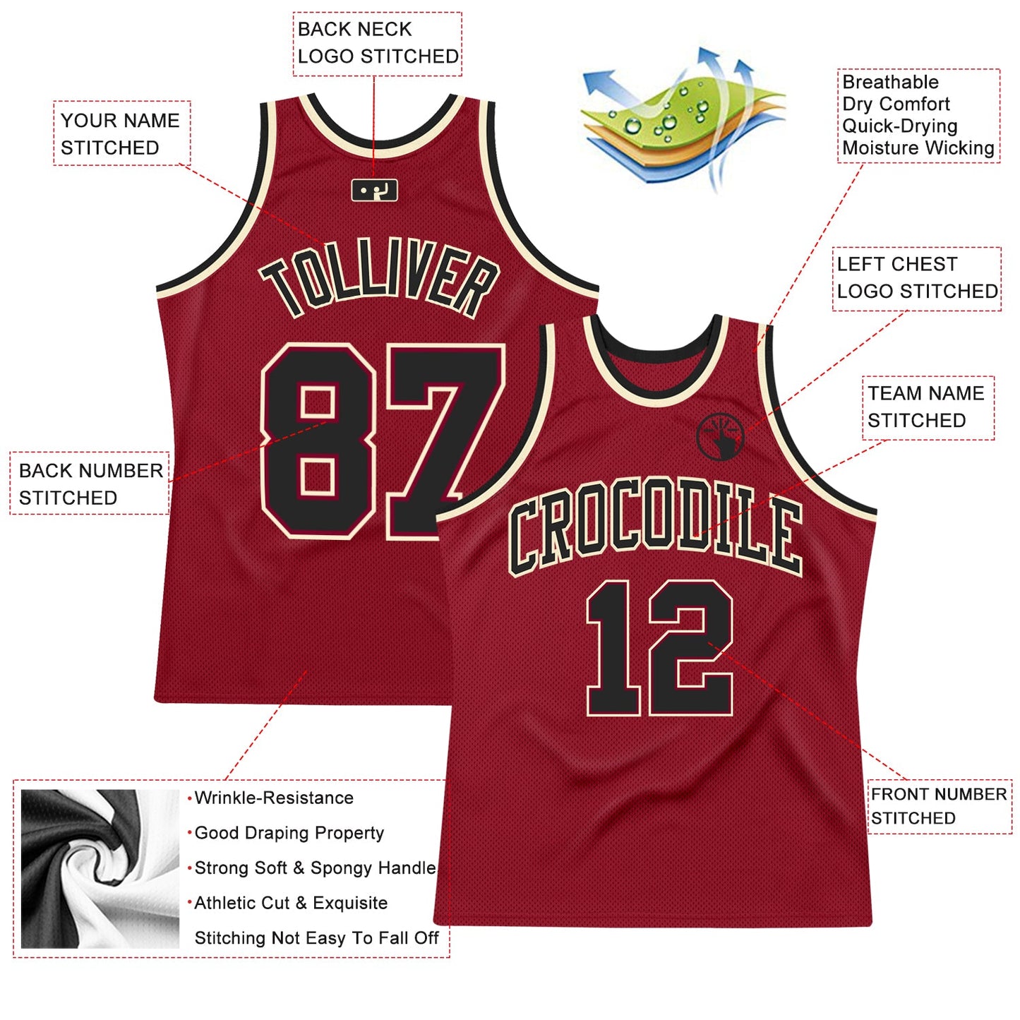 Custom Maroon Black-Cream Authentic Throwback Basketball Jersey view 2