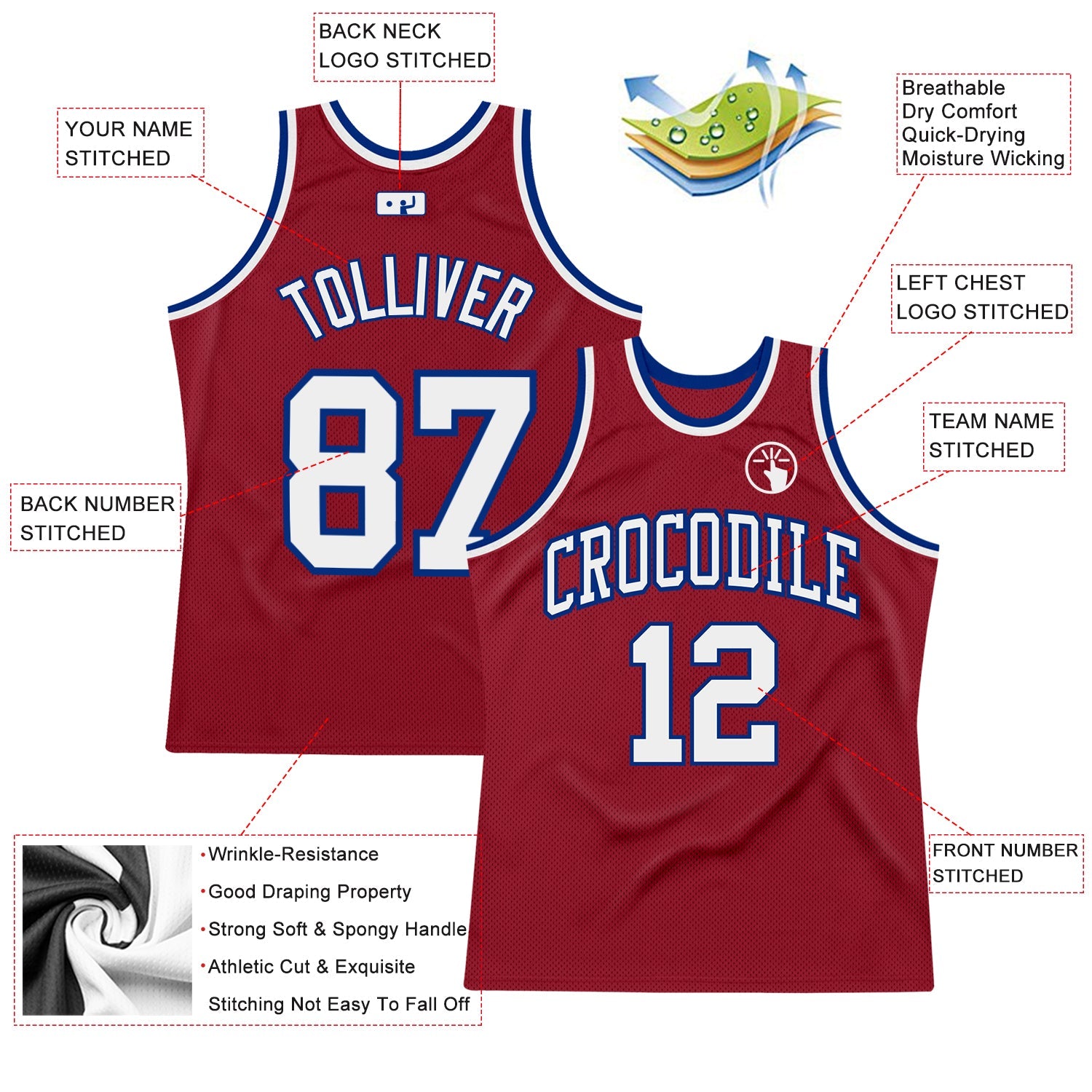 Custom Maroon White-Royal Authentic Throwback Basketball Jersey view 2