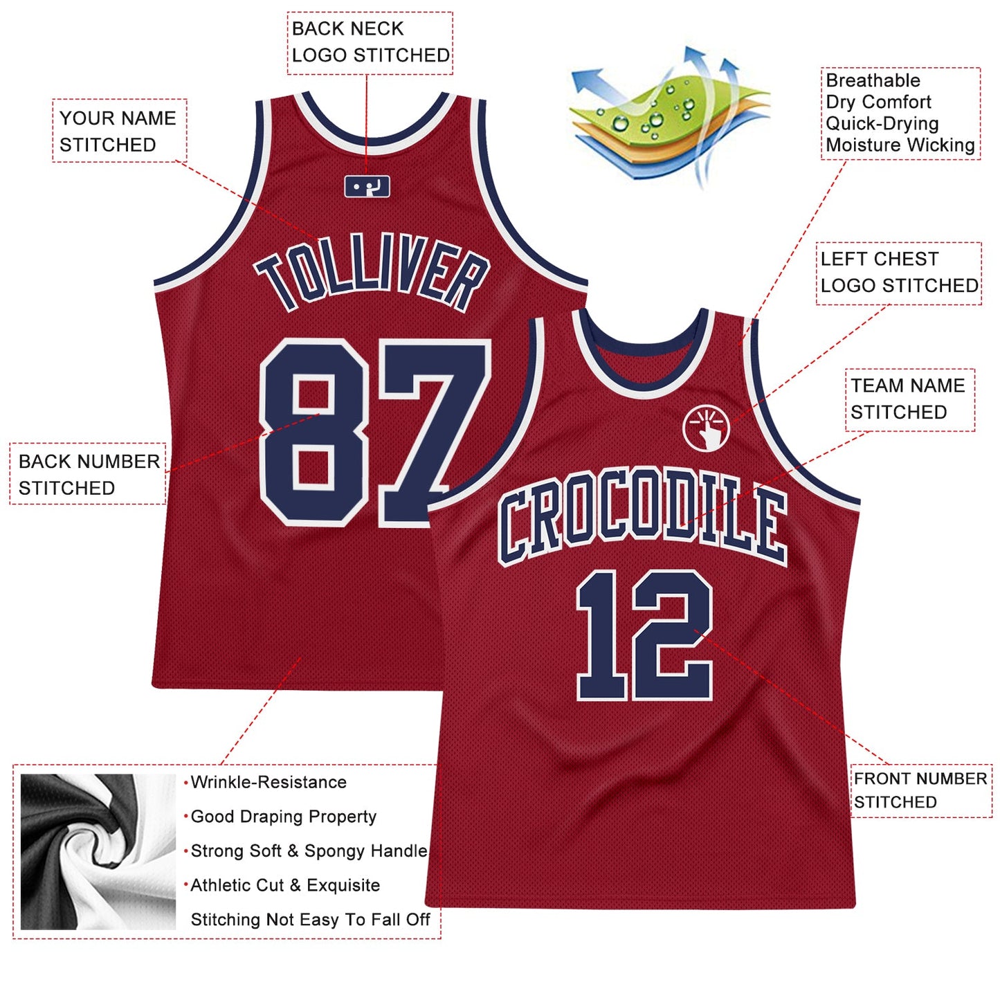 Custom Maroon Navy-White Authentic Throwback Basketball Jersey view 2