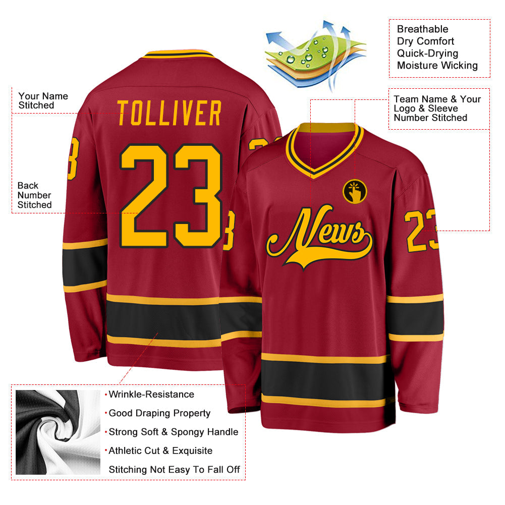 Custom Maroon Gold-Black Hockey Jersey view 2