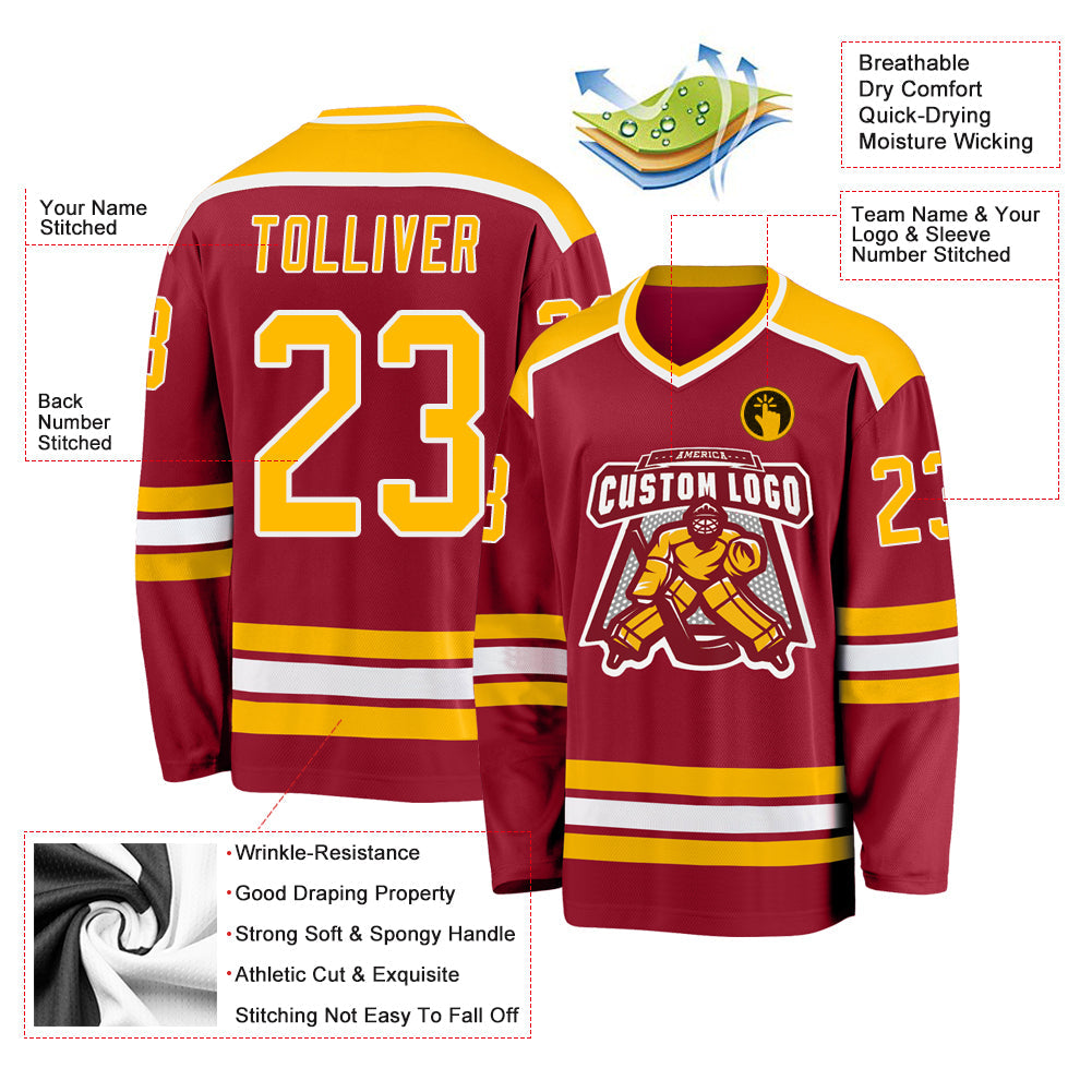 Custom Maroon Gold-White Hockey Jersey view 3