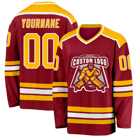 Custom Maroon Gold-White Hockey Jersey - Main View