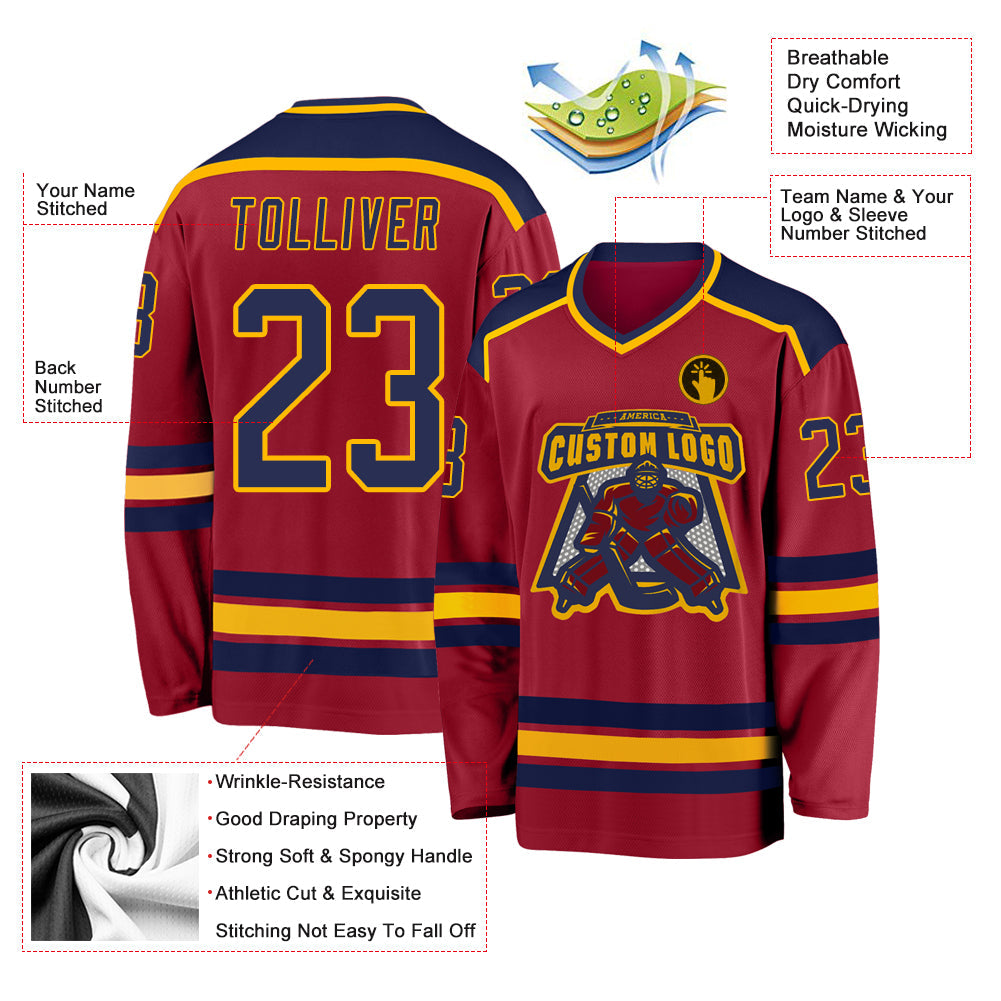 Custom Maroon Navy-Gold Hockey Jersey view 3