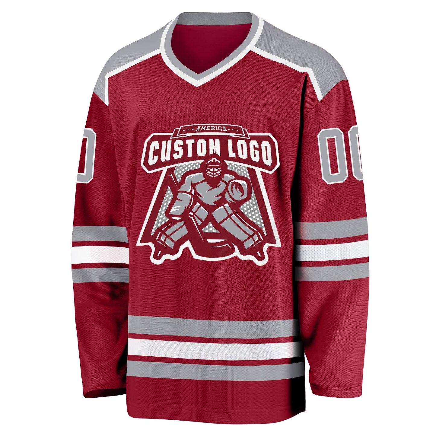 Custom Maroon Gray-White Hockey Jersey view 2