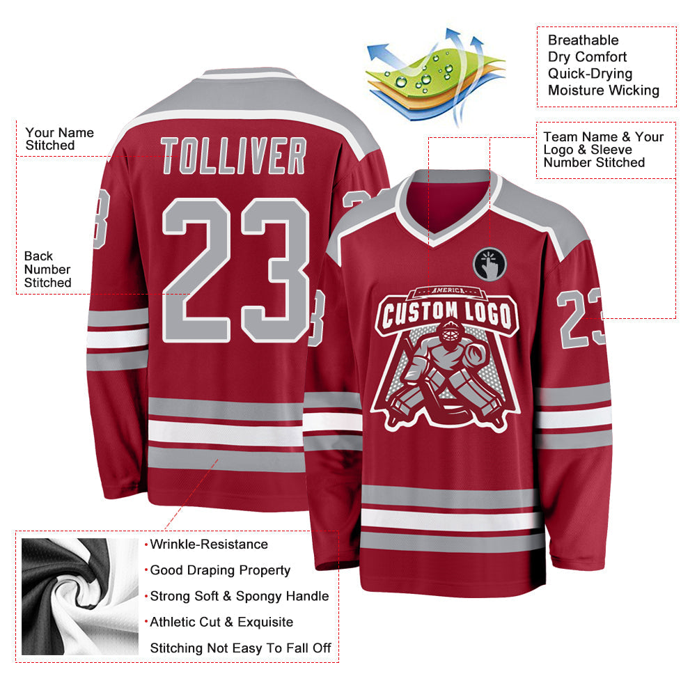 Custom Maroon Gray-White Hockey Jersey view 3