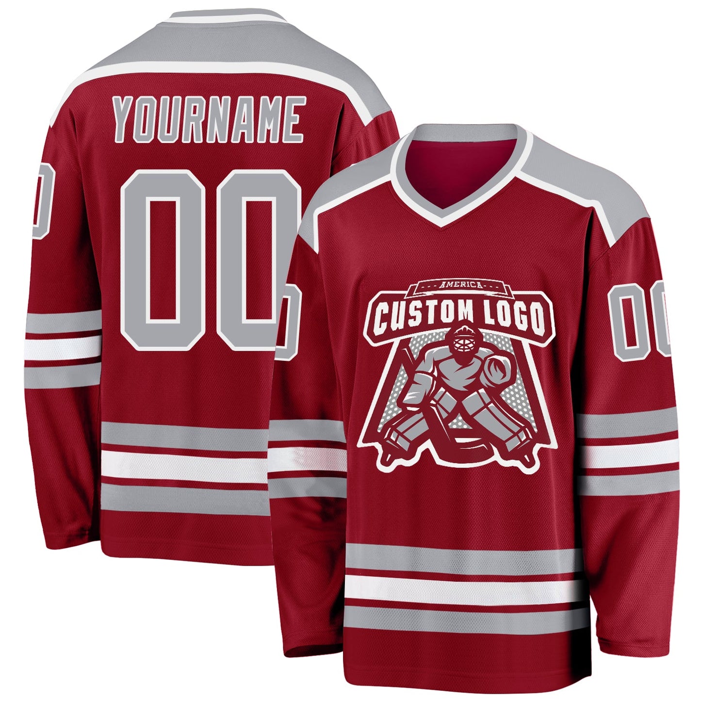 Custom Maroon Gray-White Hockey Jersey - Main View