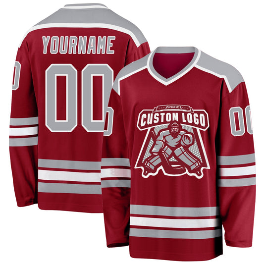 Custom Maroon Gray-White Hockey Jersey - Main View