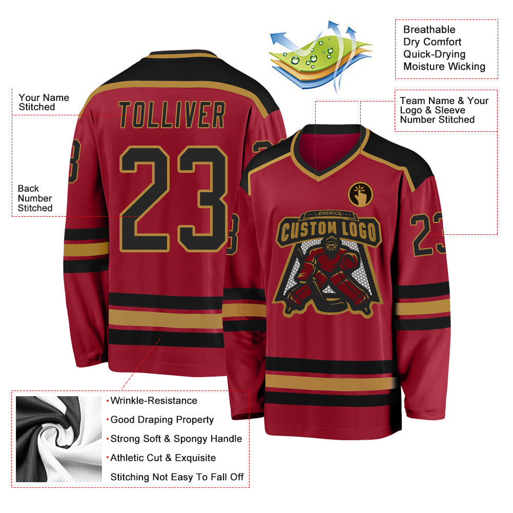 Custom Maroon Black-Old Gold Hockey Jersey view 3