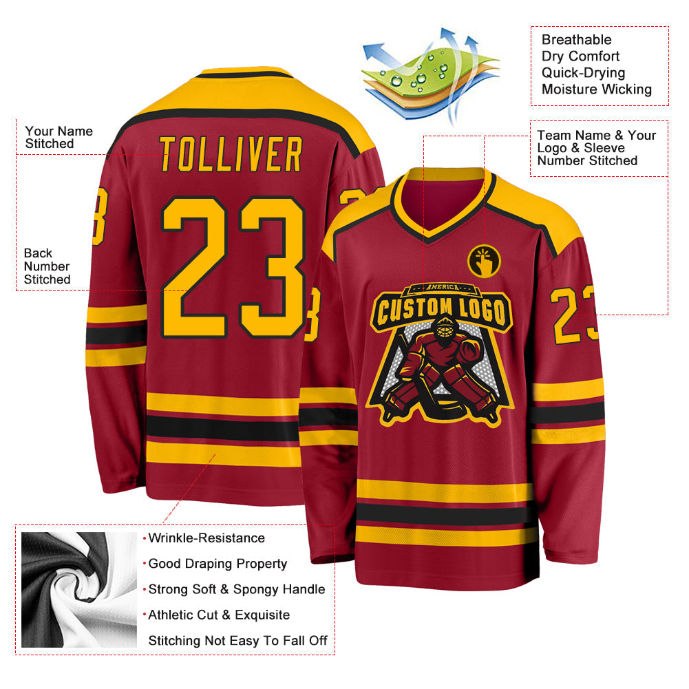 Custom Maroon Gold-Black Hockey Jersey view 3