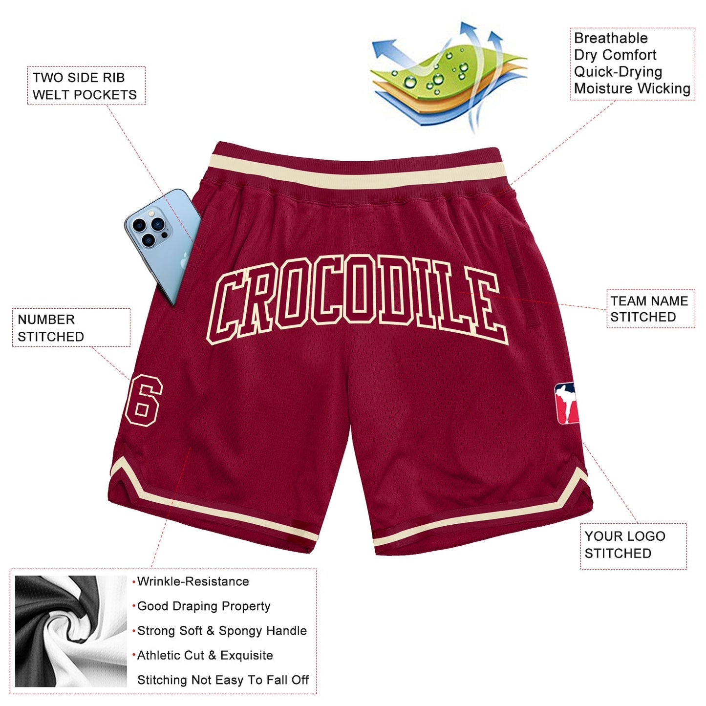 Custom Maroon Maroon-Cream Authentic Throwback Basketball Shorts view 2