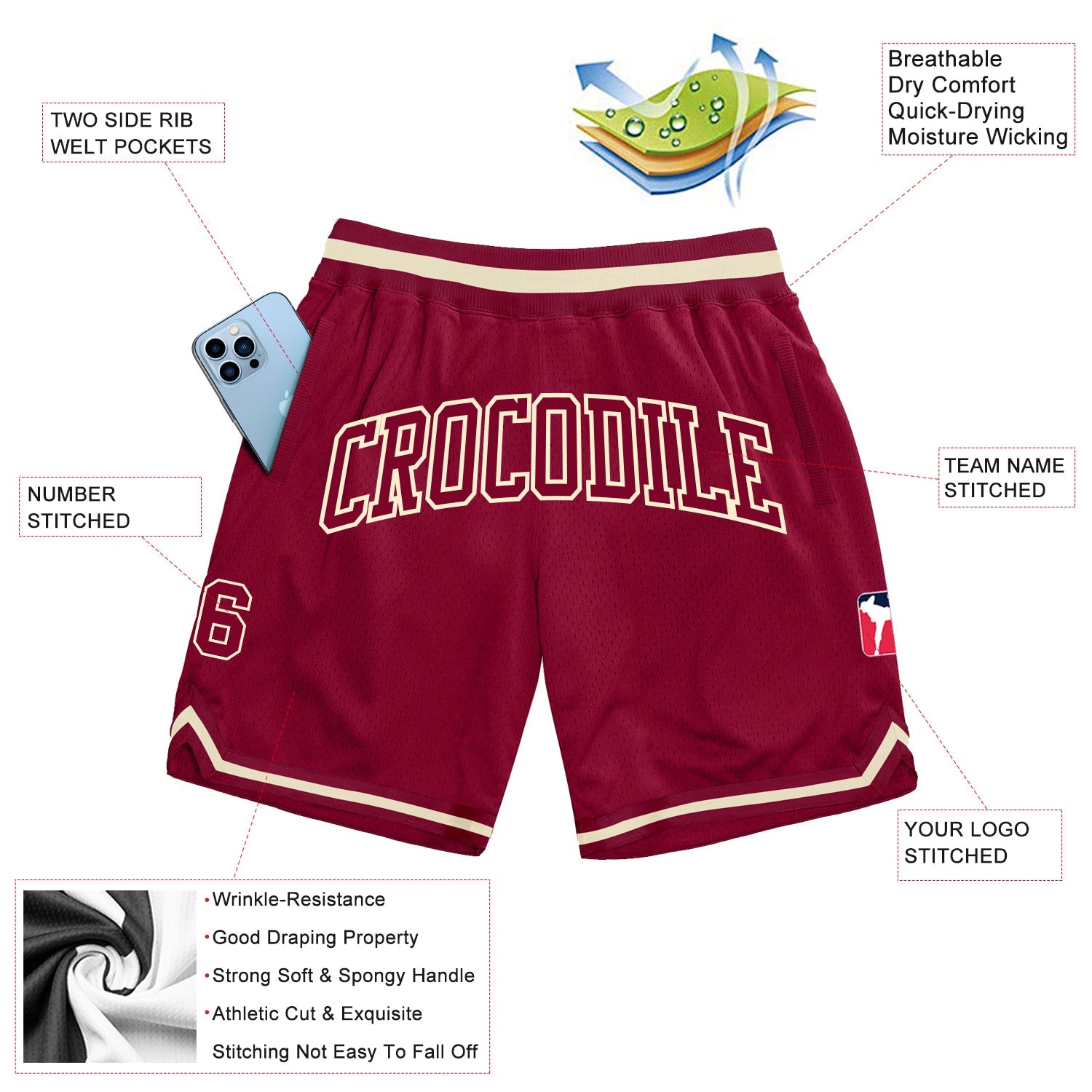 Custom Maroon Maroon-Cream Authentic Throwback Basketball Shorts view 2