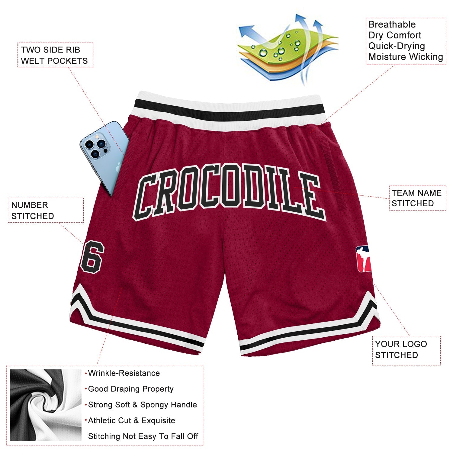 Custom Maroon Black-White Authentic Throwback Basketball Shorts view 2