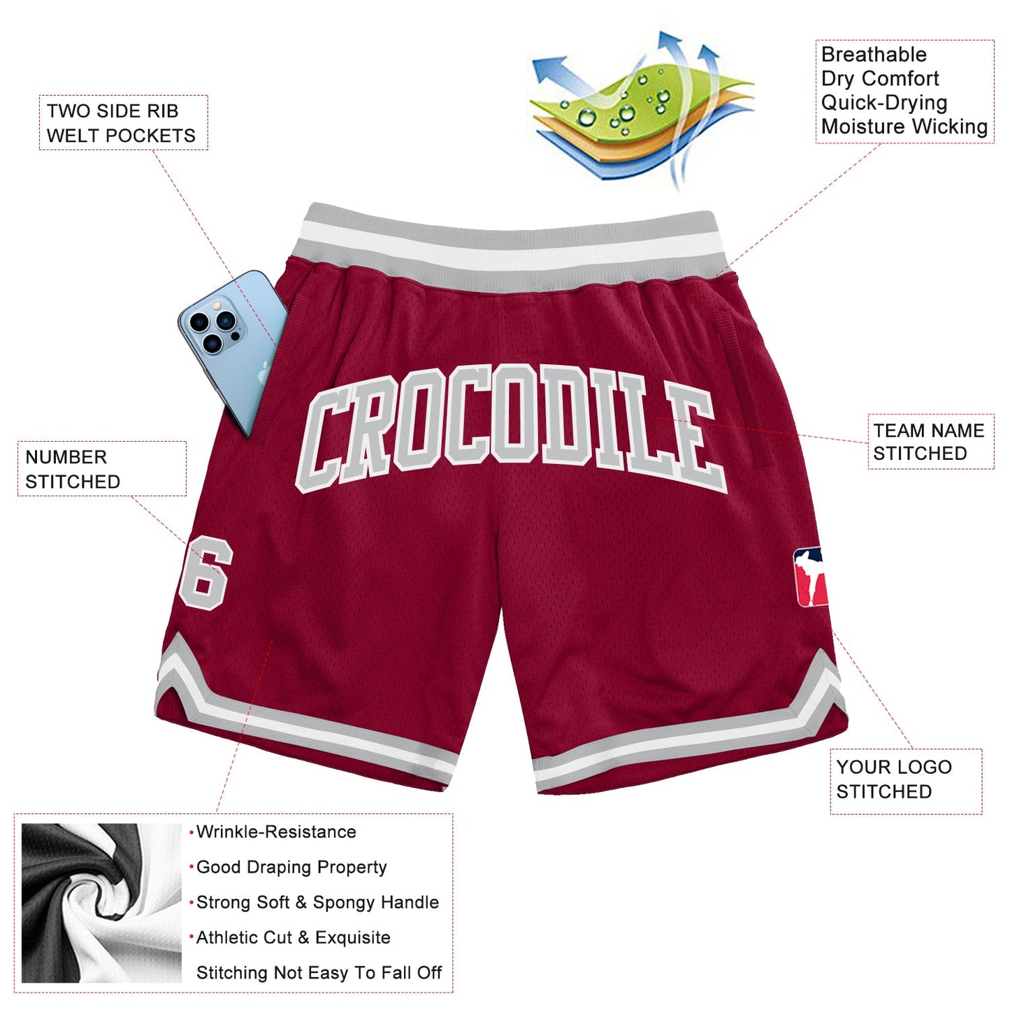 Custom Maroon Gray-White Authentic Throwback Basketball Shorts view 2