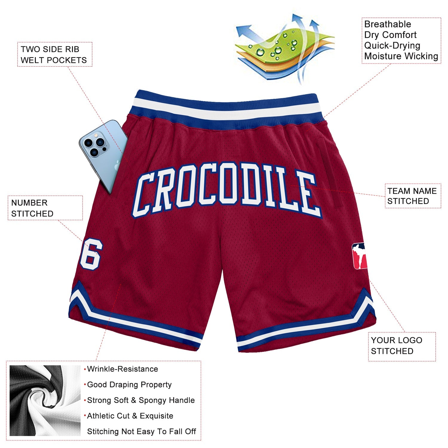 Custom Maroon White-Royal Authentic Throwback Basketball Shorts view 2