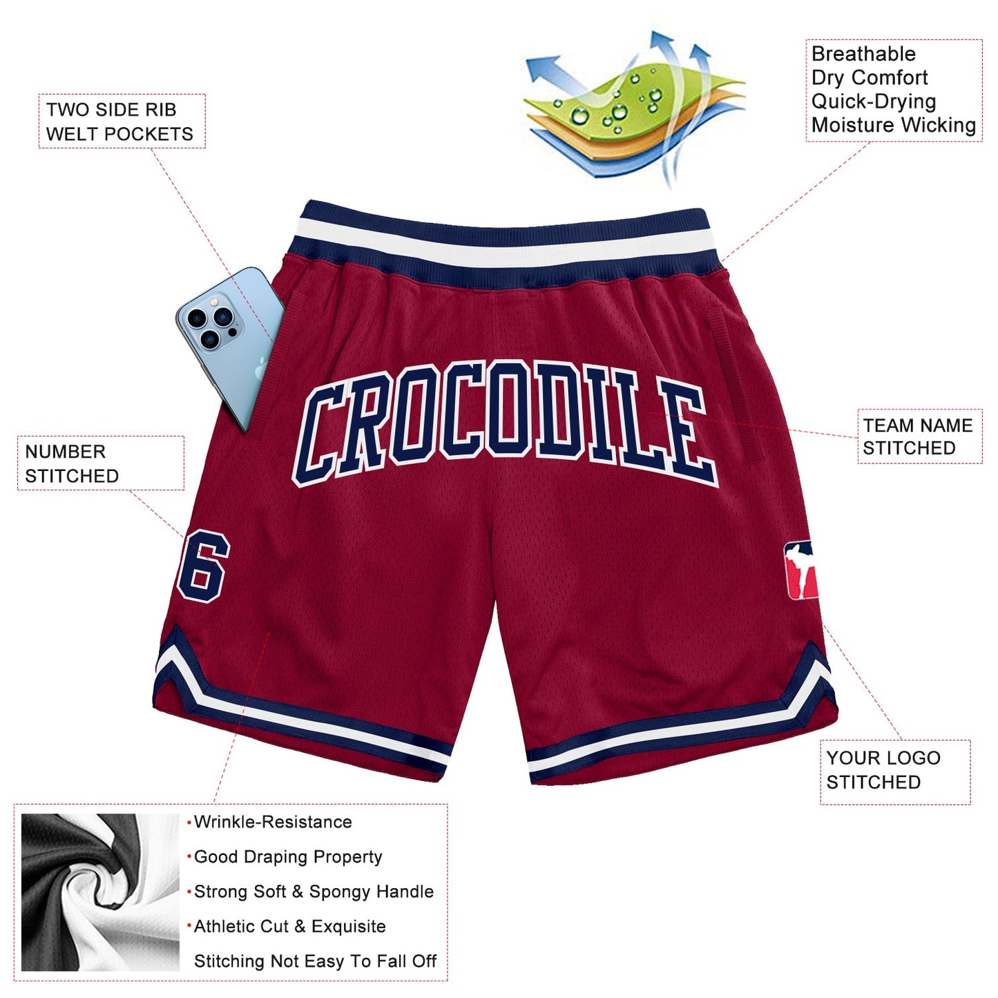 Custom Maroon Navy-White Authentic Throwback Basketball Shorts view 2
