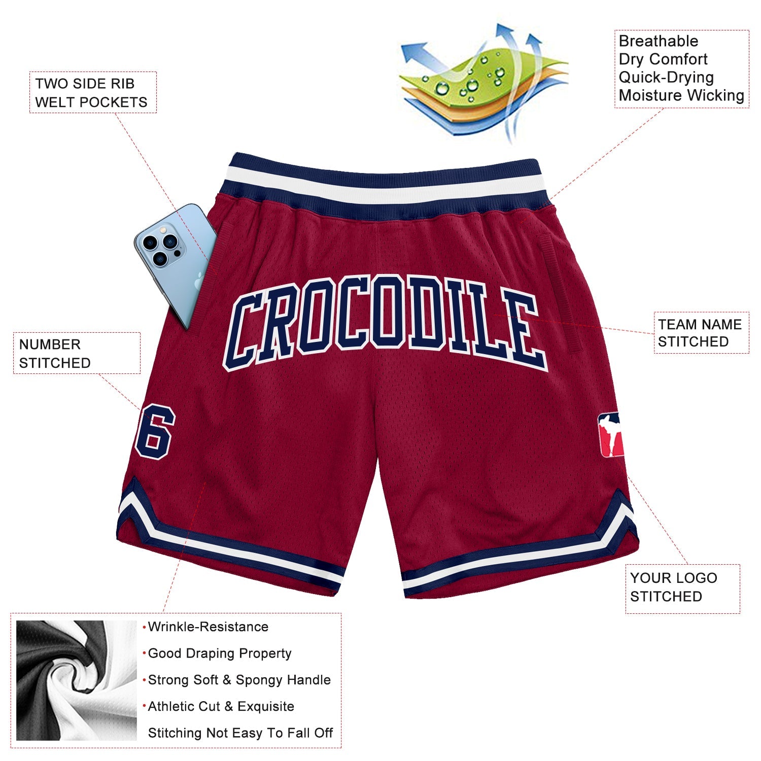 Custom Maroon Navy-White Authentic Throwback Basketball Shorts view 2