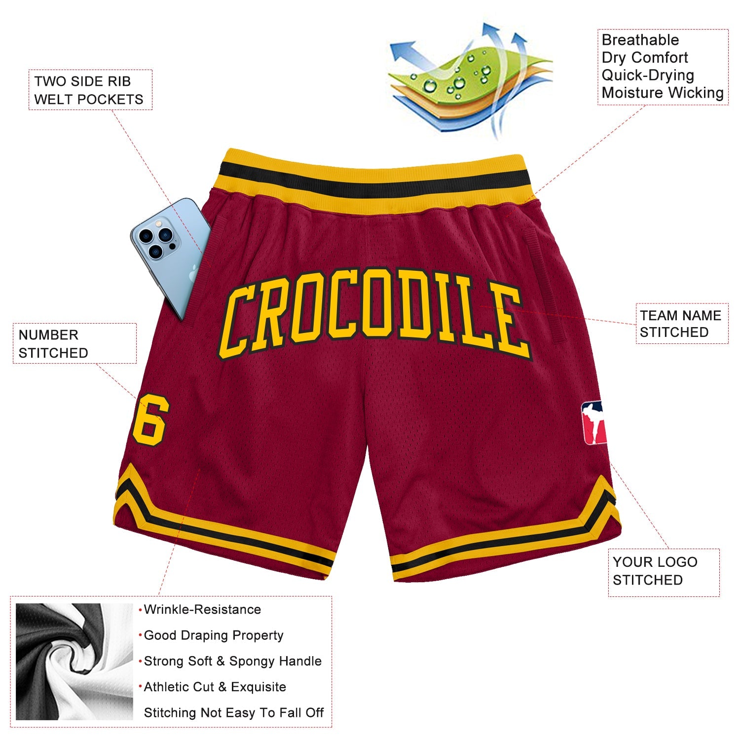 Custom Maroon Gold-Black Authentic Throwback Basketball Shorts view 2