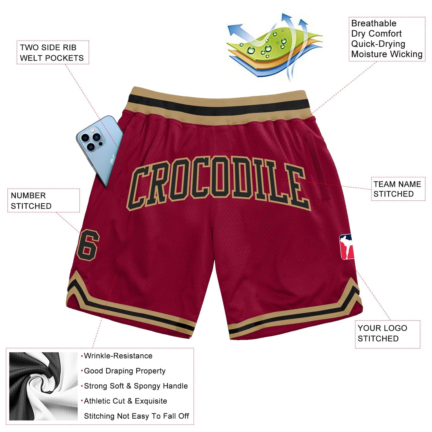 Custom Maroon Black-Old Gold Authentic Throwback Basketball Shorts view 2