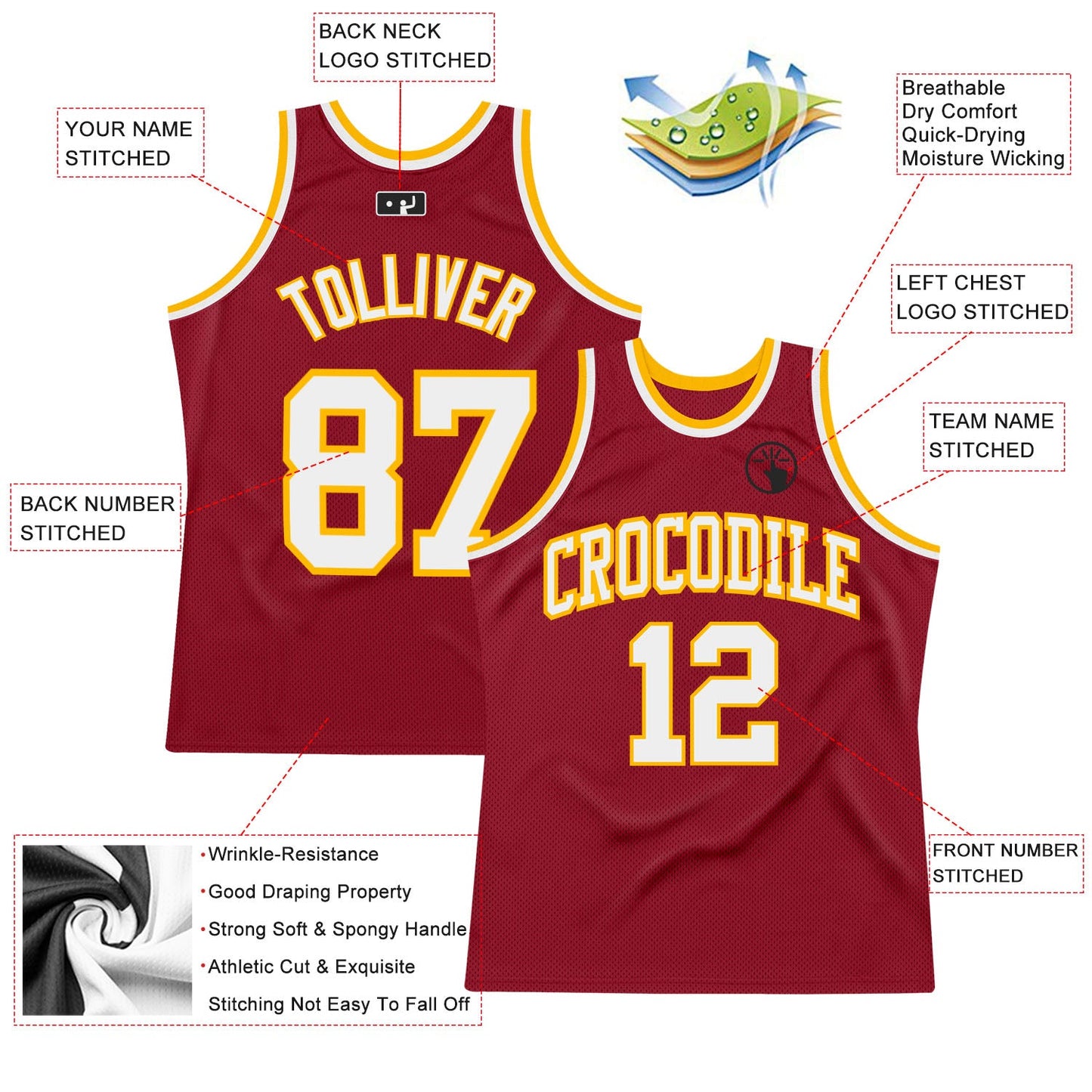 Custom Maroon White-Gold Authentic Throwback Basketball Jersey view 2