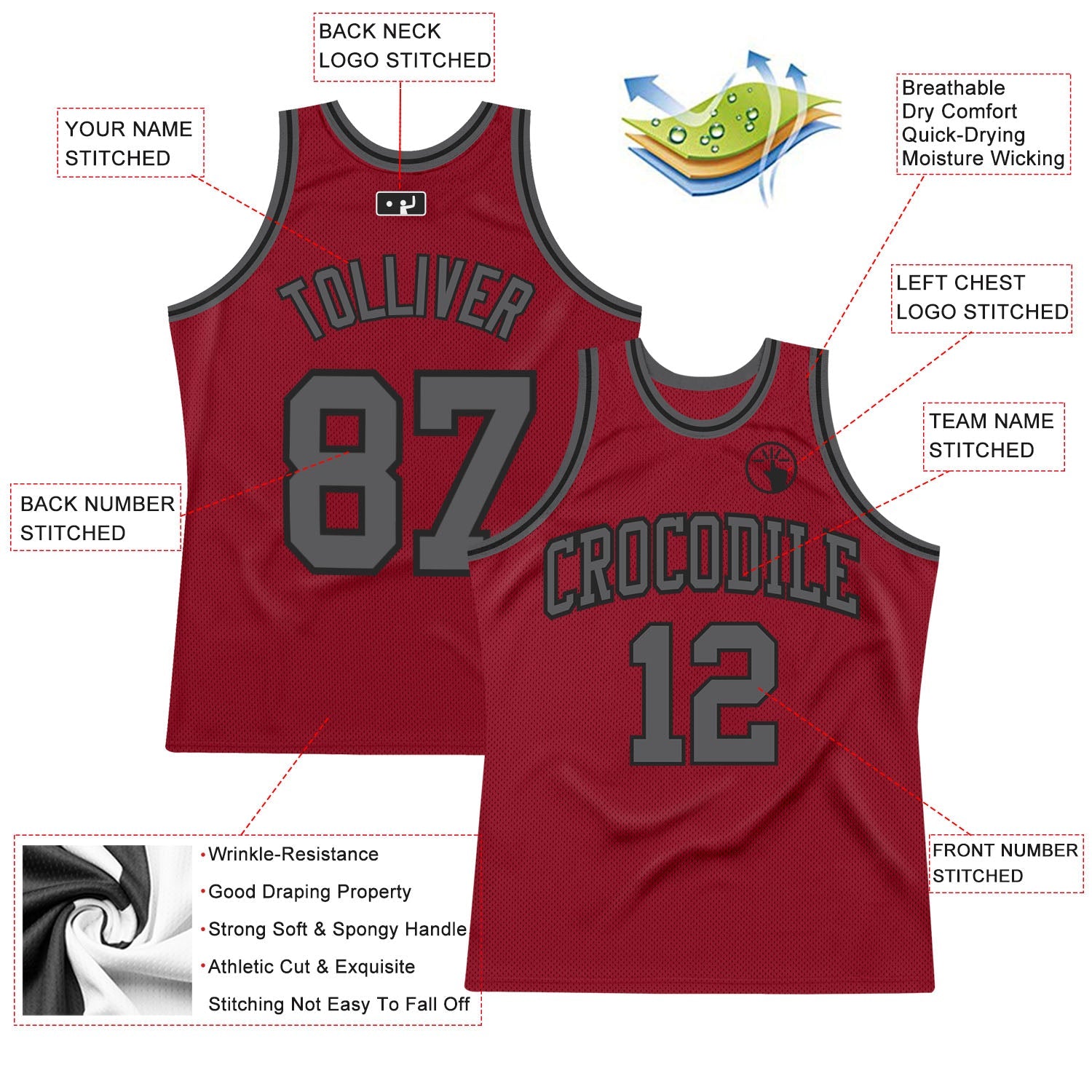 Custom Maroon Steel Gray-Black Authentic Throwback Basketball Jersey view 2