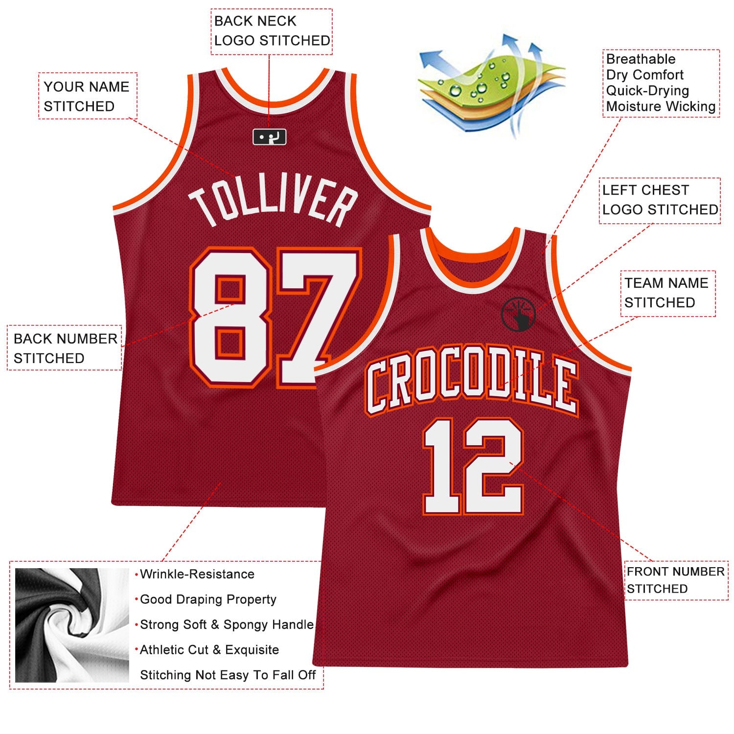 Custom Maroon White-Orange Authentic Throwback Basketball Jersey view 2