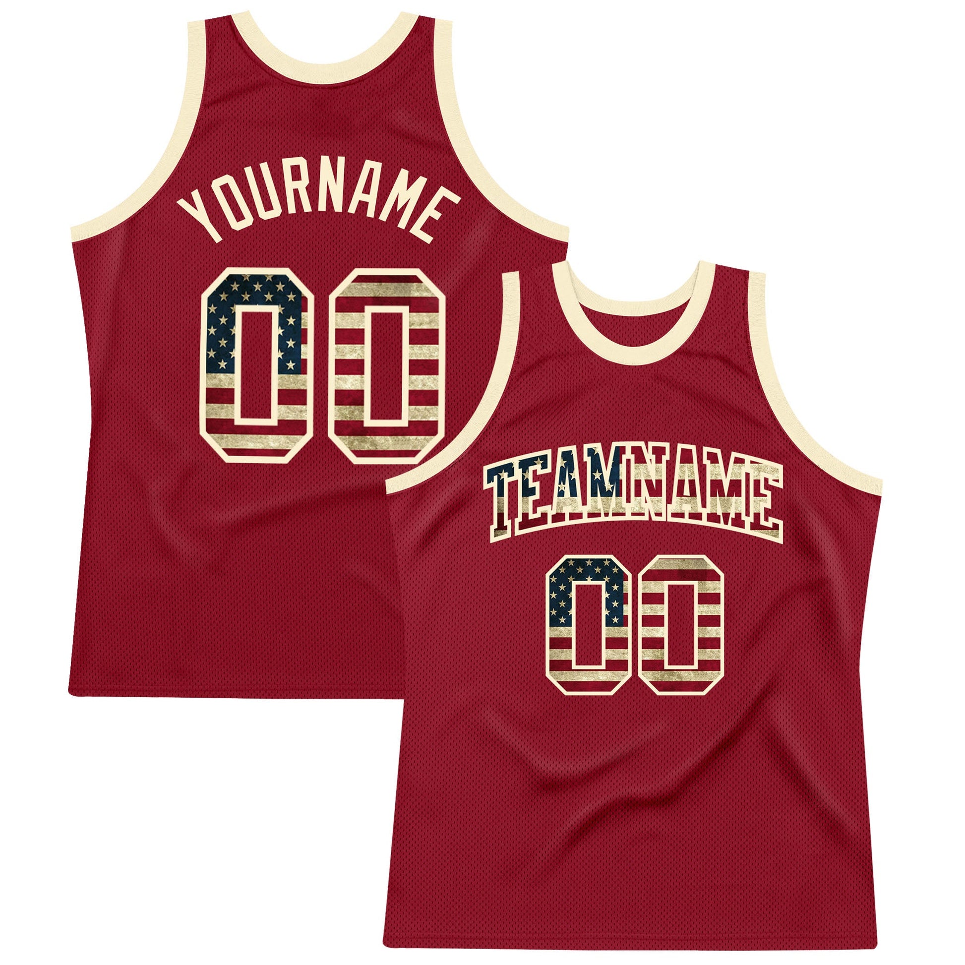 Custom Maroon Vintage USA Flag-Cream Authentic Throwback Basketball Jersey - Main View