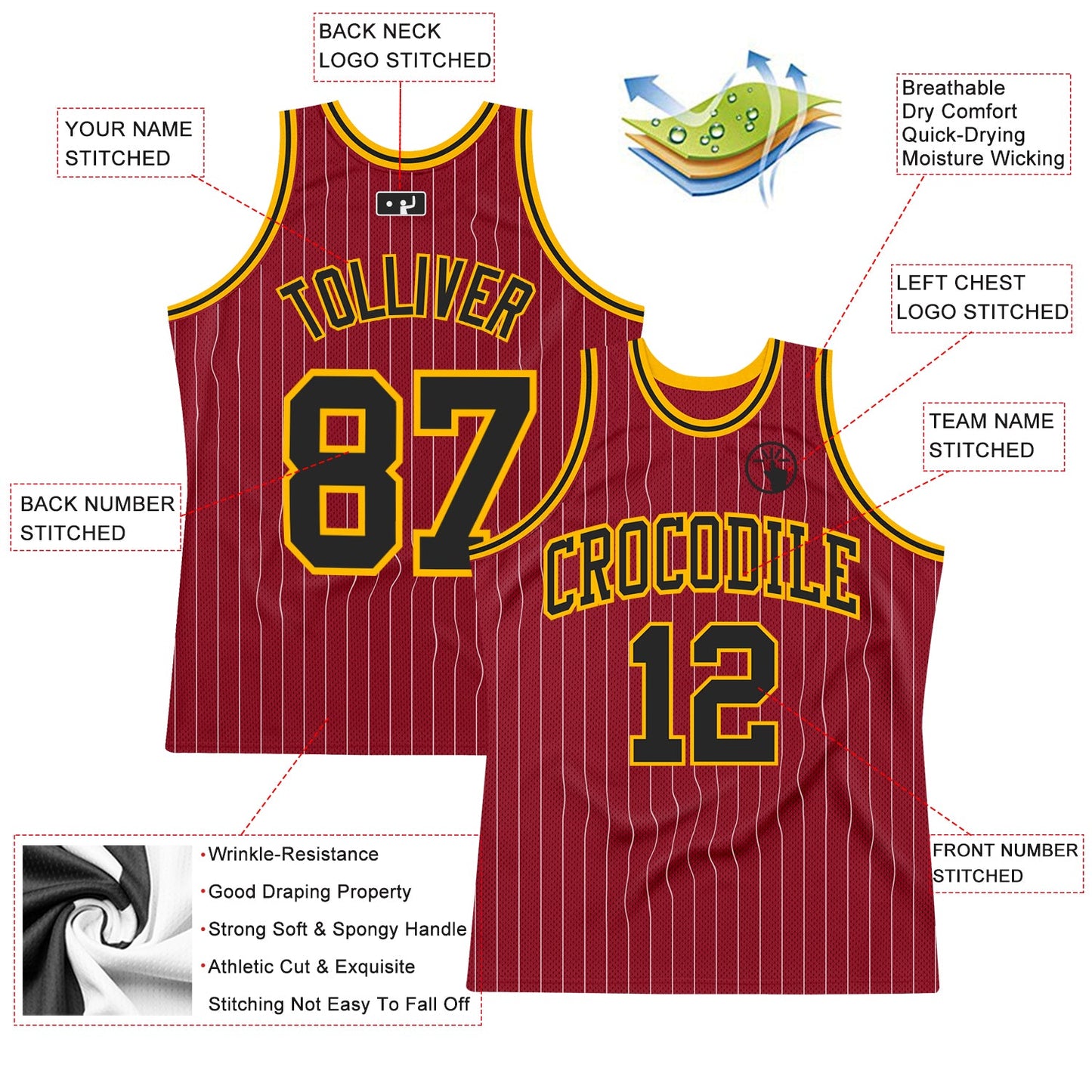 Custom Maroon White Pinstripe Black-Gold Authentic Basketball Jersey view 2