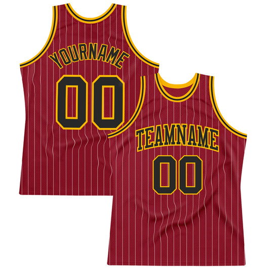 Custom Maroon White Pinstripe Black-Gold Authentic Basketball Jersey - Main View