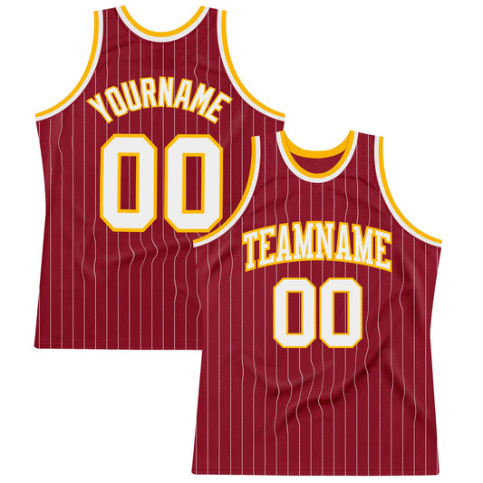 Custom Maroon White Pinstripe White-Gold Authentic Basketball Jersey - Main View