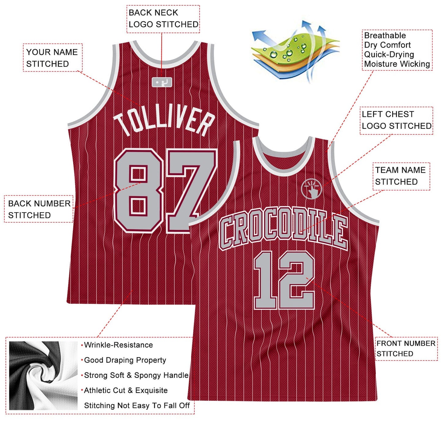 Custom Maroon White Pinstripe Gray Authentic Basketball Jersey view 2