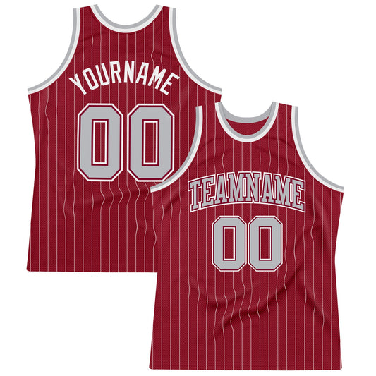 Custom Maroon White Pinstripe Gray Authentic Basketball Jersey - Main View