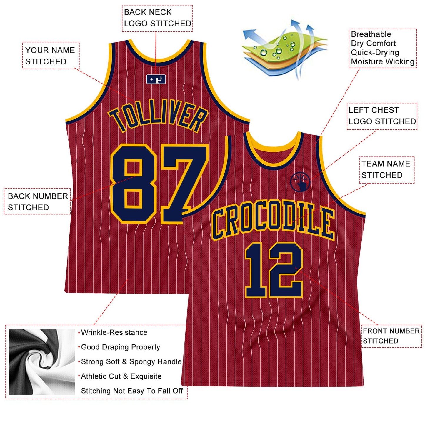 Custom Maroon White Pinstripe Navy-Gold Authentic Basketball Jersey view 2