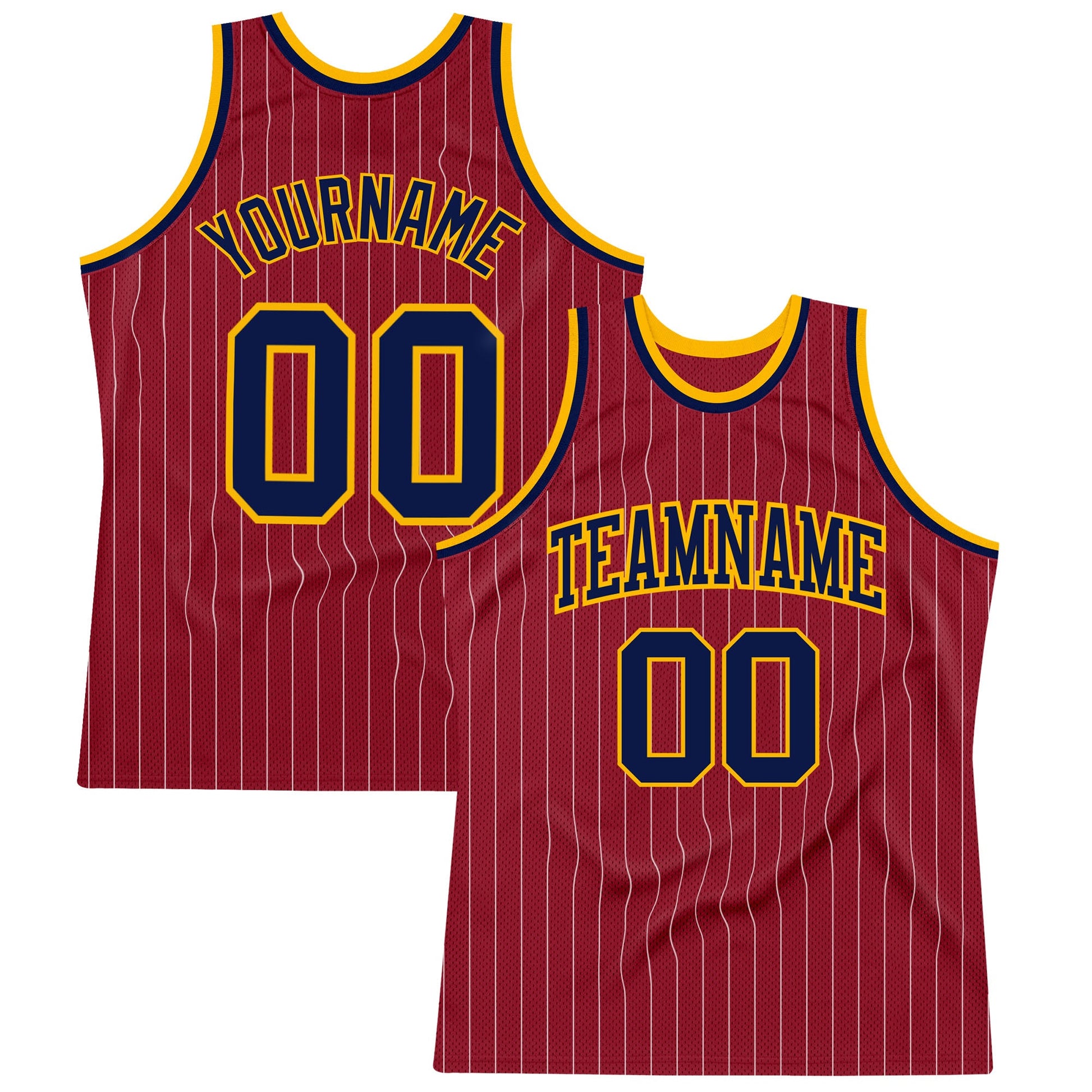 Custom Maroon White Pinstripe Navy-Gold Authentic Basketball Jersey - Main View