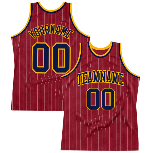 Custom Maroon White Pinstripe Navy-Gold Authentic Basketball Jersey - Main View