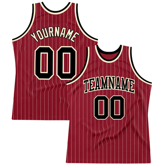 Custom Maroon White Pinstripe Black-Cream Authentic Basketball Jersey - Main View