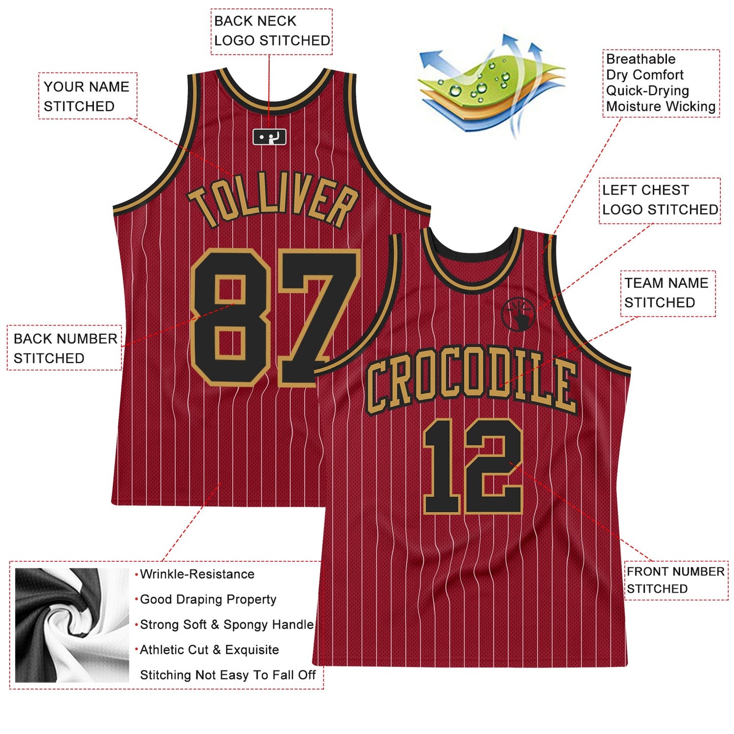 Custom Maroon White Pinstripe Black-Old Gold Authentic Basketball Jersey view 2