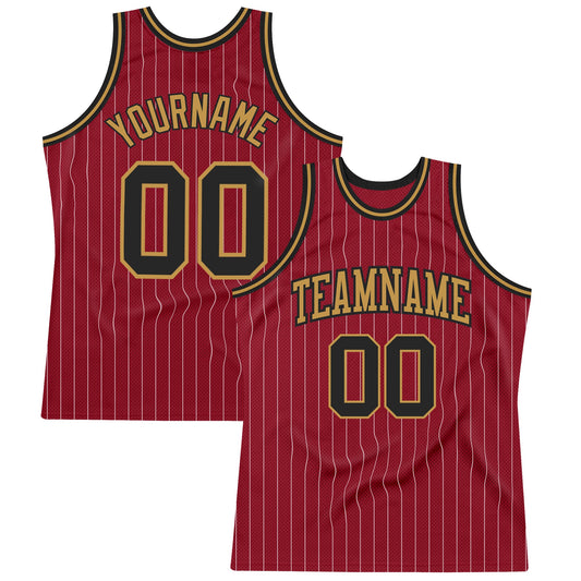 Custom Maroon White Pinstripe Black-Old Gold Authentic Basketball Jersey - Main View