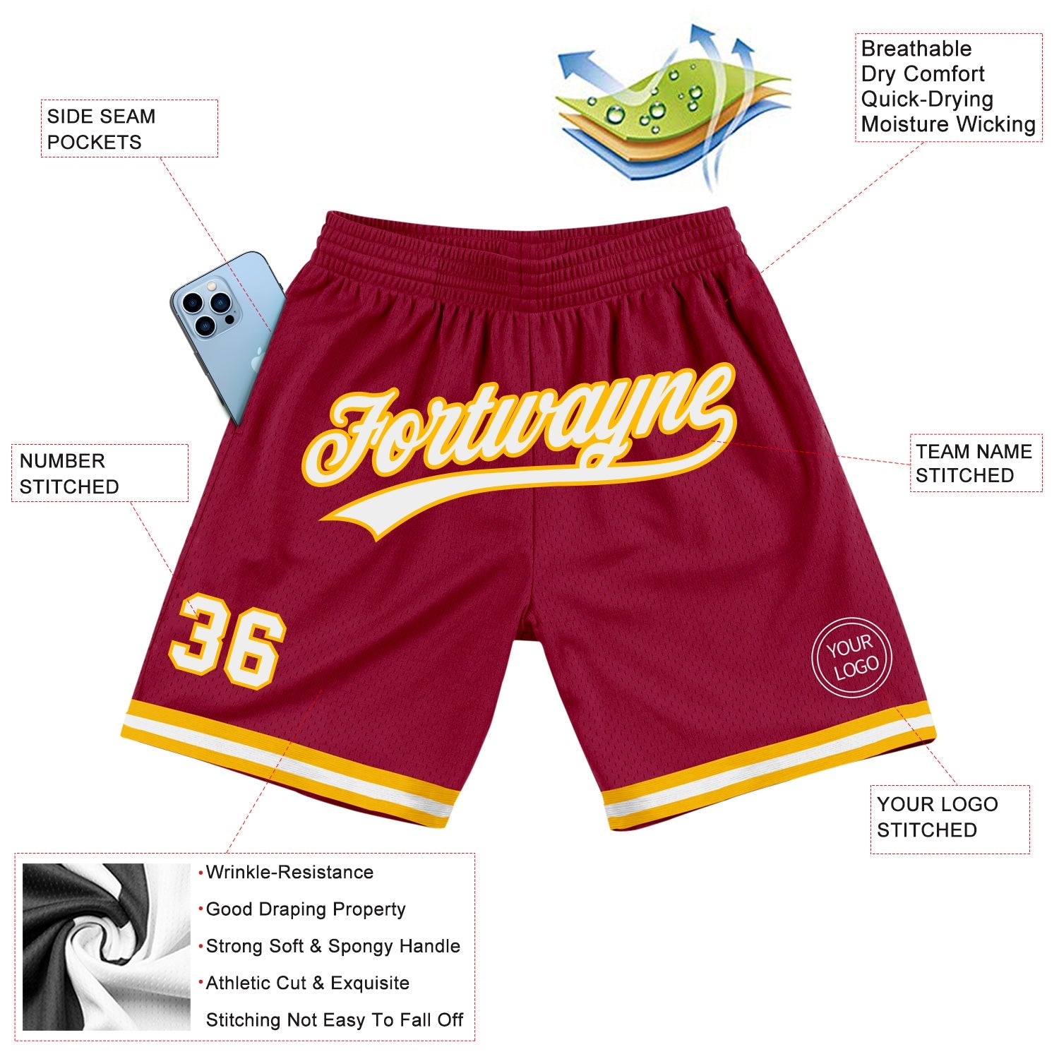 Custom Maroon White-Gold Authentic Throwback Basketball Shorts view 2