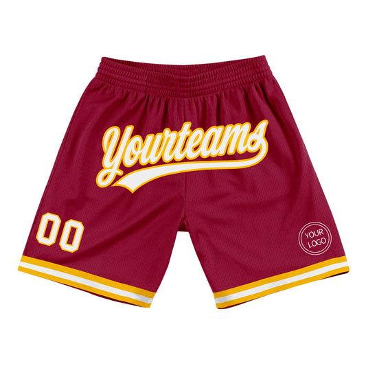 Custom Maroon White-Gold Authentic Throwback Basketball Shorts - Main View