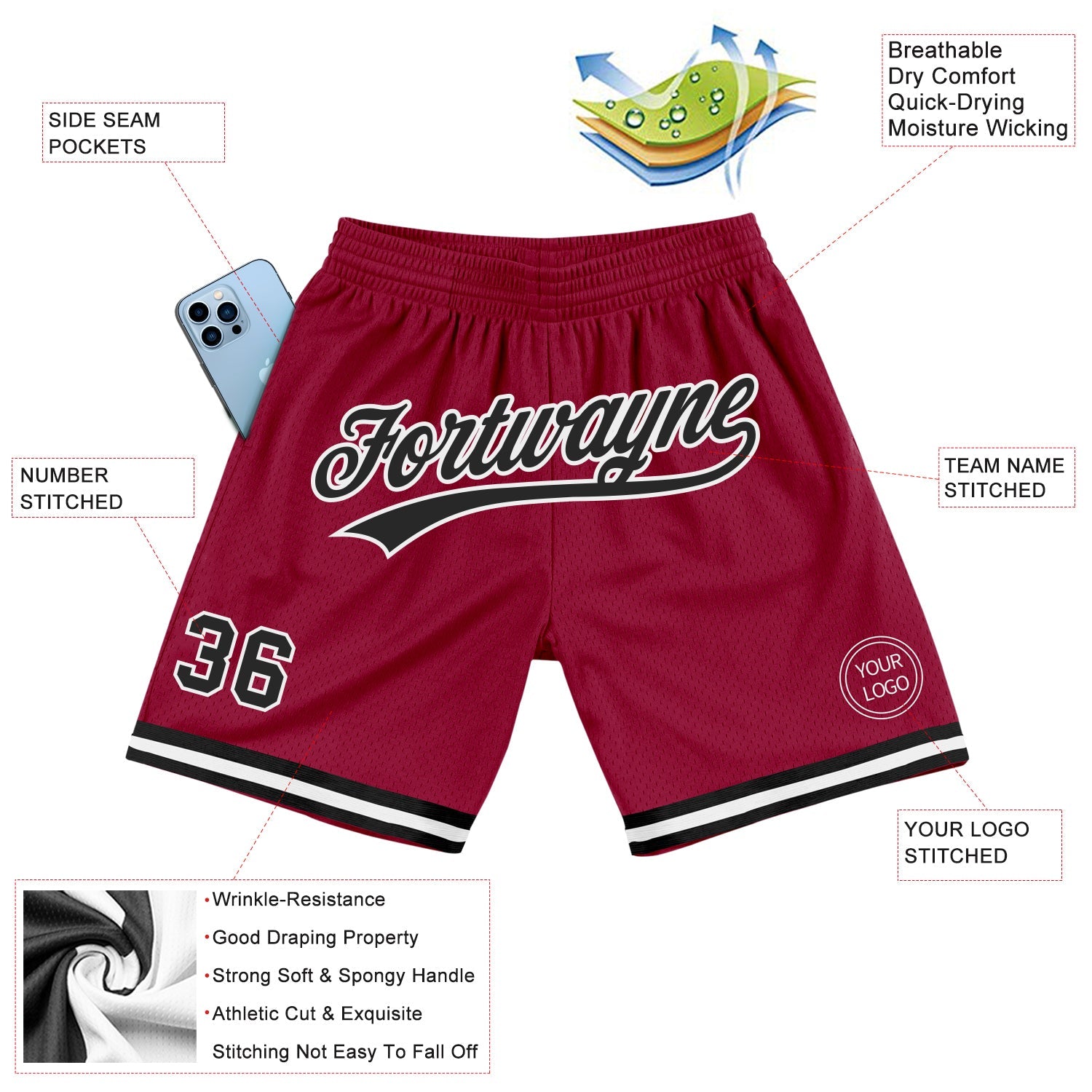 Custom Maroon Black-White Authentic Throwback Basketball Shorts view 2
