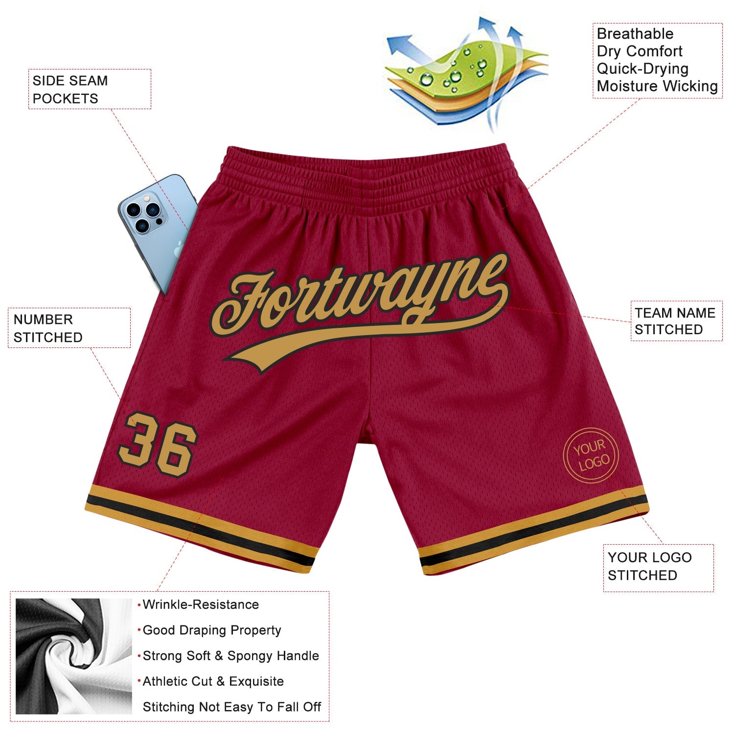 Custom Maroon Old Gold-Black Authentic Throwback Basketball Shorts view 2