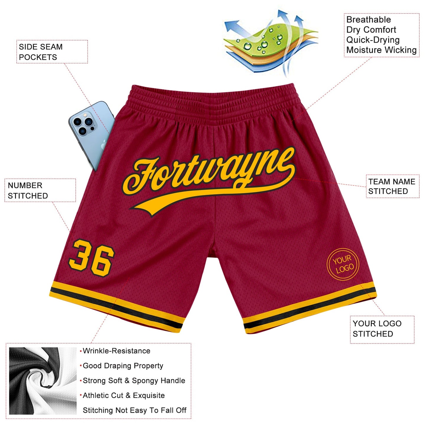 Custom Maroon Gold-Black Authentic Throwback Basketball Shorts view 2