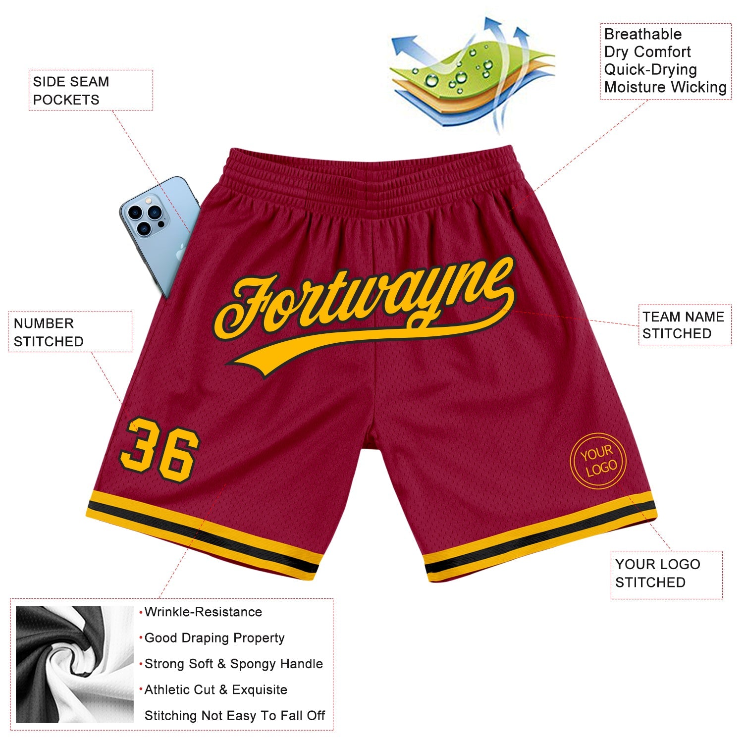 Custom Maroon Gold-Black Authentic Throwback Basketball Shorts view 2