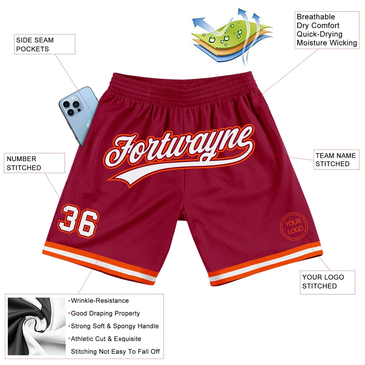 Custom Maroon White-Orange Authentic Throwback Basketball Shorts view 2