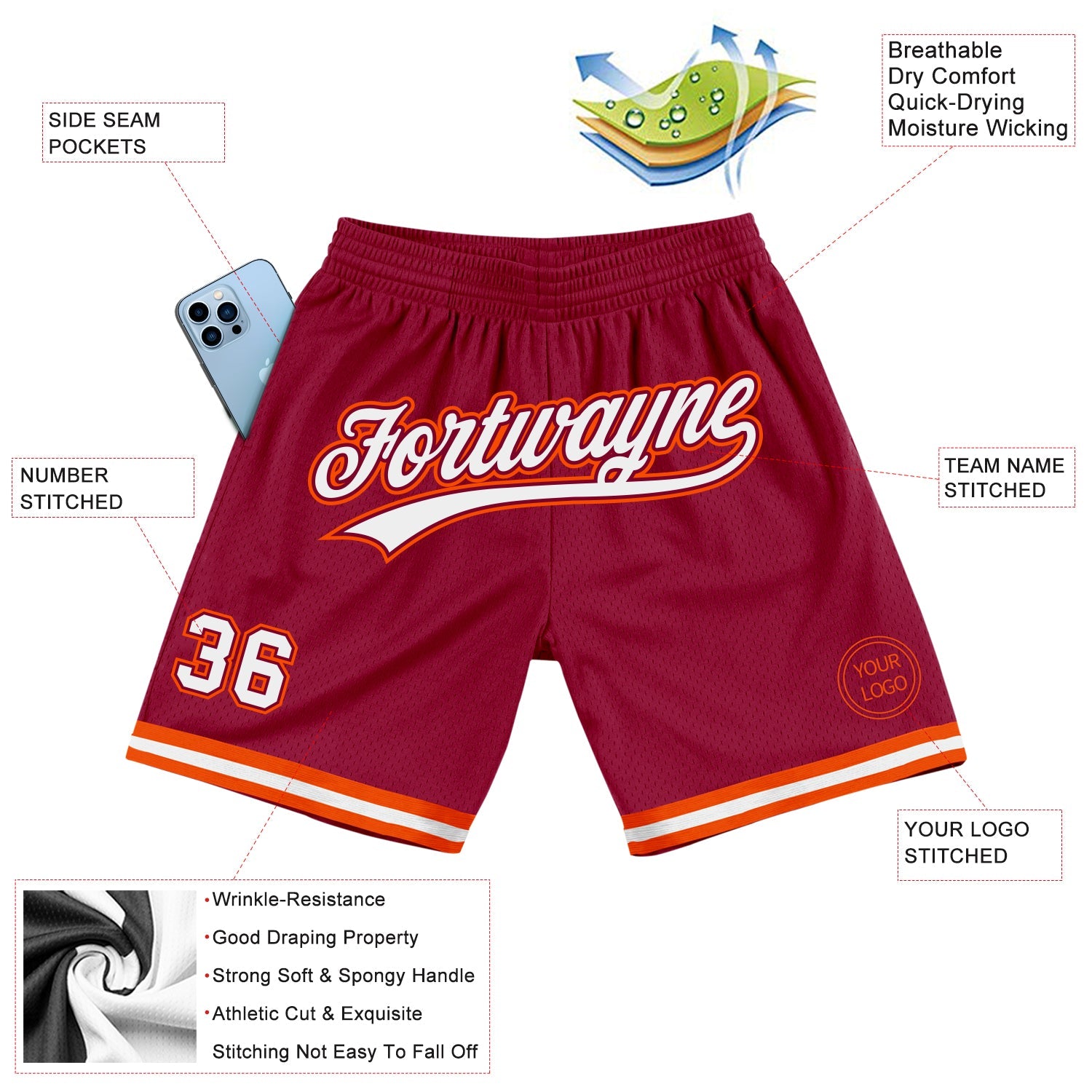 Custom Maroon White-Orange Authentic Throwback Basketball Shorts view 2